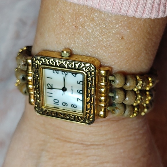 Vintage Gold Tone Quartz Square Face Watch with Wooden Beads - Picture 1 of 7